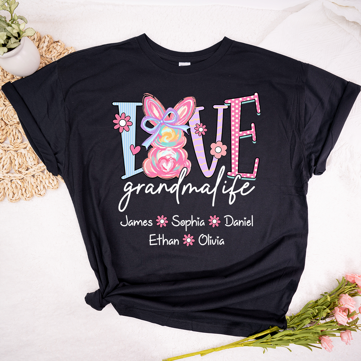 Grandma Life Shirt Love Design, Personalized Bunny Floral Grandma Tee