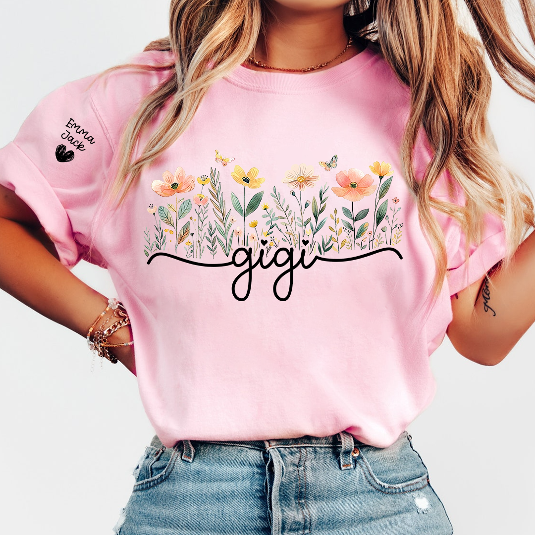 Gigi Floral Shirt, Personalized Grandma Tee with Family Names, Flower Garden Graphic T Shirt, Gift for Gigi from Grandchildren