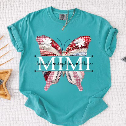 Comfort Personalized Mimi Shirt with Grandkids Names, Colorful Patchwork Butterfly Design Family Tee