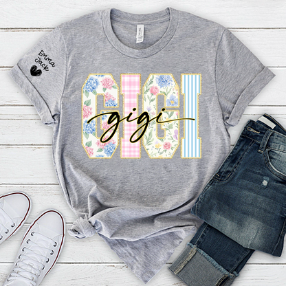 Custom Gigi T Shirt for Women, Personalized Grandma Tee, Floral Pattern Letters Graphic Shirt, Family Love Gift for Gigi