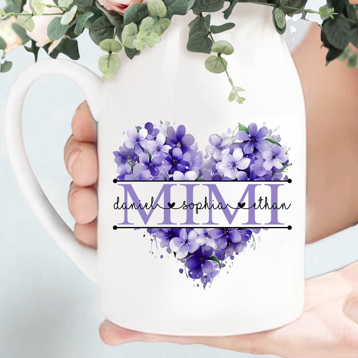 Mimi Personalized Flower Vase, Floral Heart Design with Grandkids' Names, Custom Mother's Day Gift for Mimi, Great for Birthdays