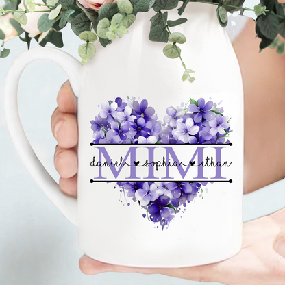 Mimi Personalized Flower Vase, Floral Heart Design with Grandkids' Names, Custom Mother's Day Gift for Mimi, Great for Birthdays