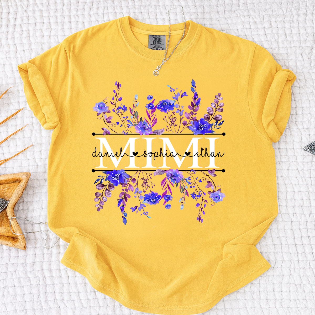 Comfort Colors Personalized Mimi Shirt with Purple Wildflower Design – Custom Grandma Gift with Grandkids Names