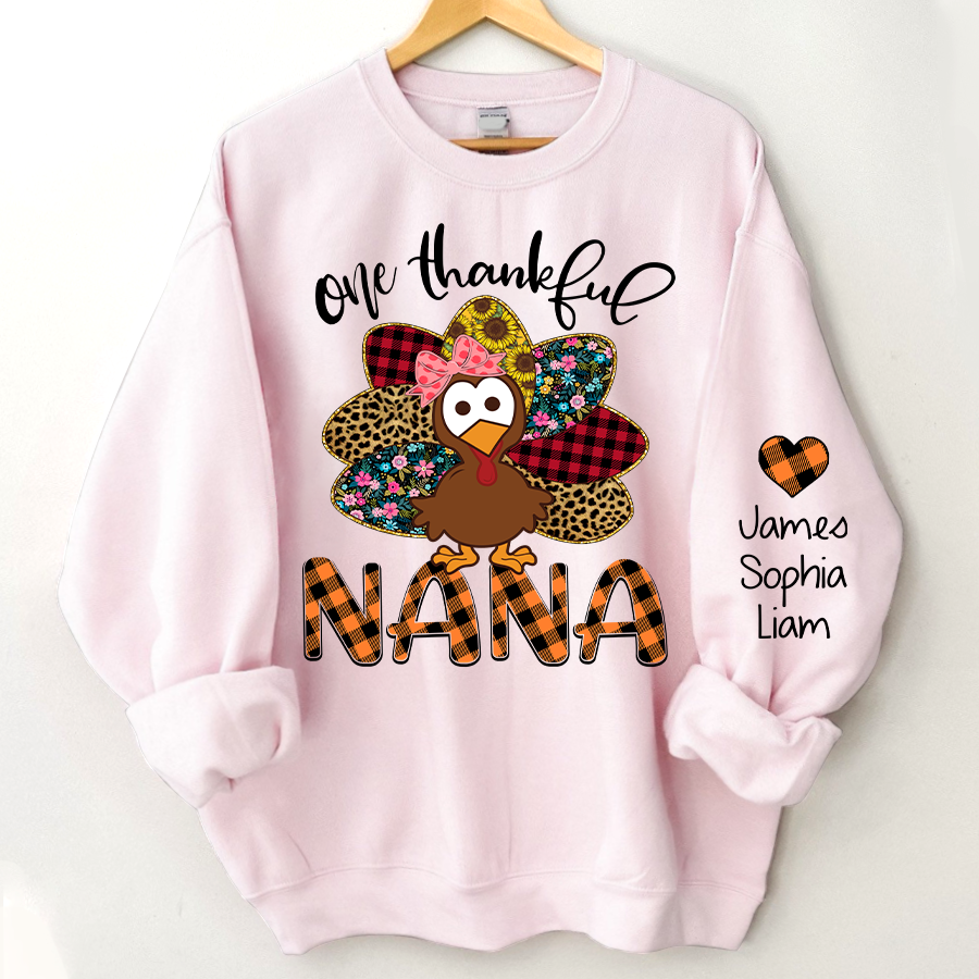 Personalized One Thankful Grandma Turkey Cute Sweatshirt, Custom Grandma and Grandkids Sweatshirt