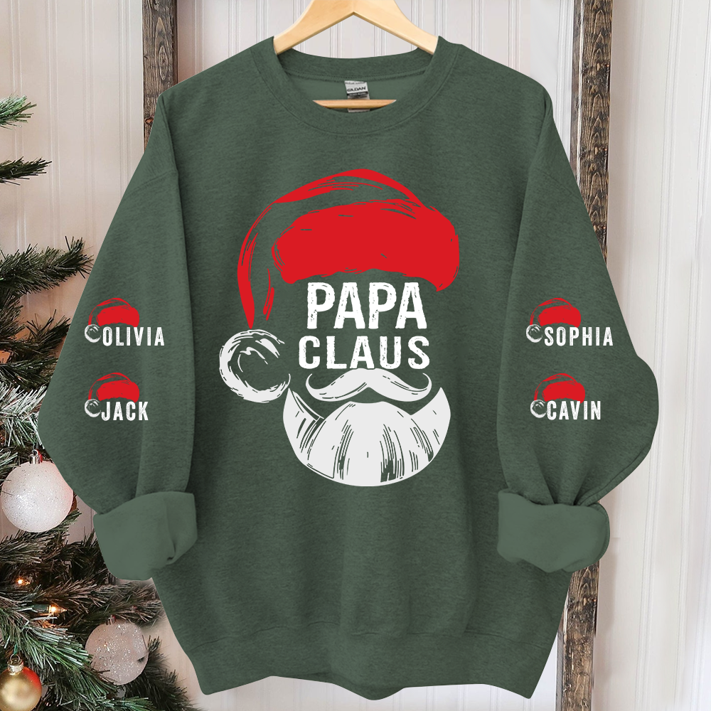 Personalized Papa Claus Sweatshirt, Custom Grandpa With Grandkids Name On The Sleeve Sweatshirt