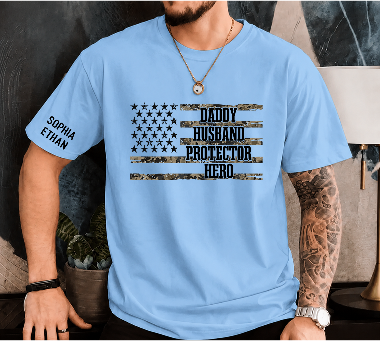 Custom Daddy Husband Protector Hero Shirt, Personalized Dad Shirt with Kids Names, Camo USA Flag Father’s Day Gift