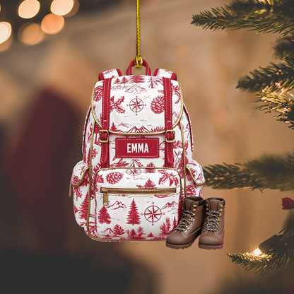 Personalized Backpack Ornament with Hiking Boots – Custom Name Christmas Gift for Campers & Outdoor Lovers Ornament