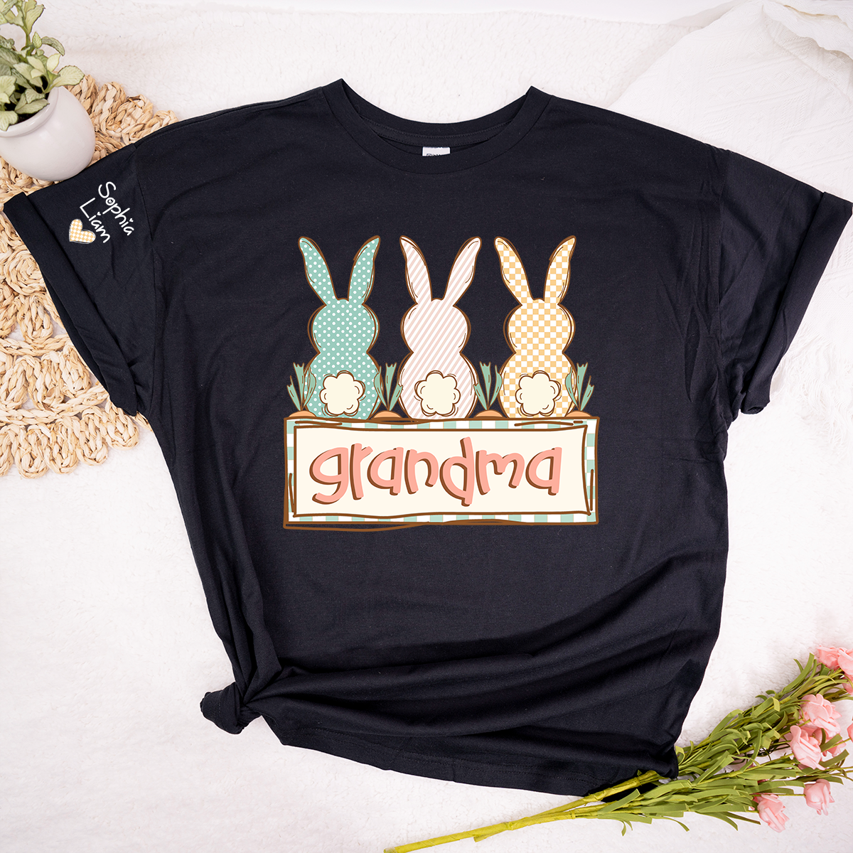 Grandma Bunny Shirt for Easter, Custom Grandma T Shirt with Children Names, Spring Bunny Family Design, Grandma Gift Idea