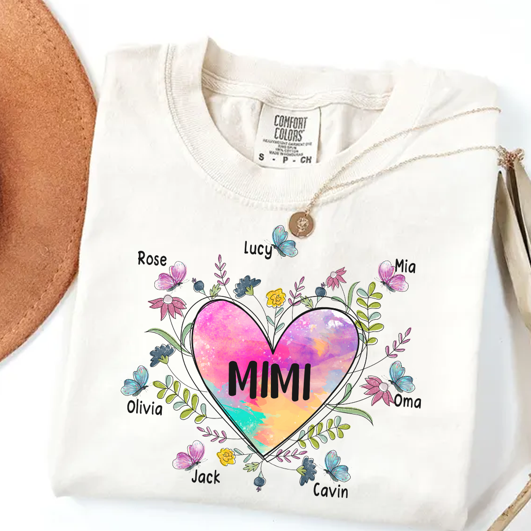 Comfort Colors® Personalize Mimi Flower Heart Shirt, Custom Grandma And Grandkids Shirt, Gifts For Grandma Shirt
