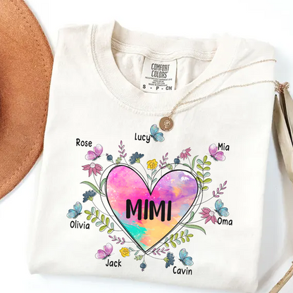 Comfort Colors® Personalize Mimi Flower Heart Shirt, Custom Grandma And Grandkids Shirt, Gifts For Grandma Shirt