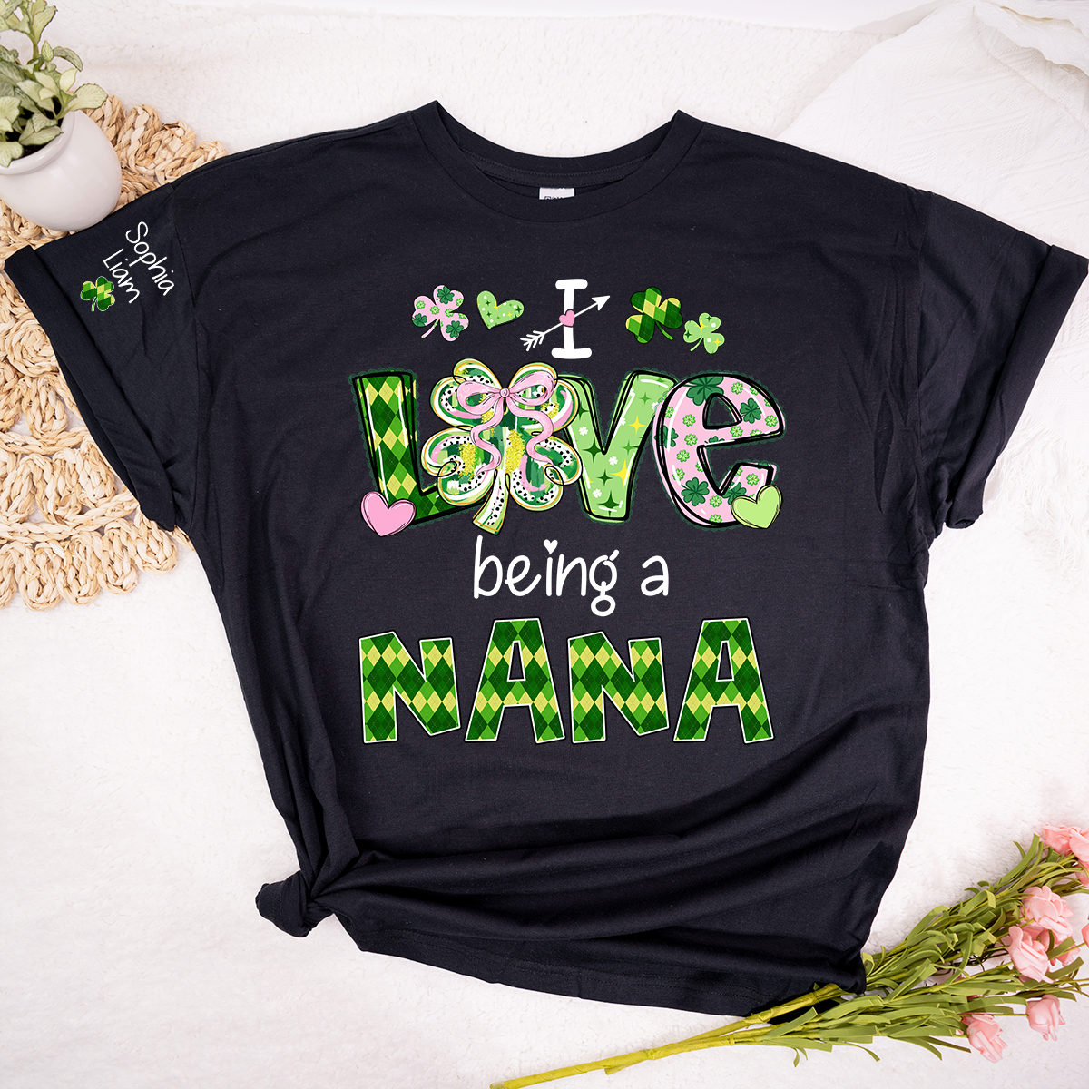 Personalized Patrick’s Day Nana Shirt, I Love Being a Nana Shamrock Design, Custom Grandma Shirt with Kids Names