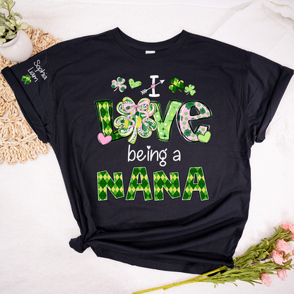 Personalized Patrick’s Day Nana Shirt, I Love Being a Nana Shamrock Design, Custom Grandma Shirt with Kids Names