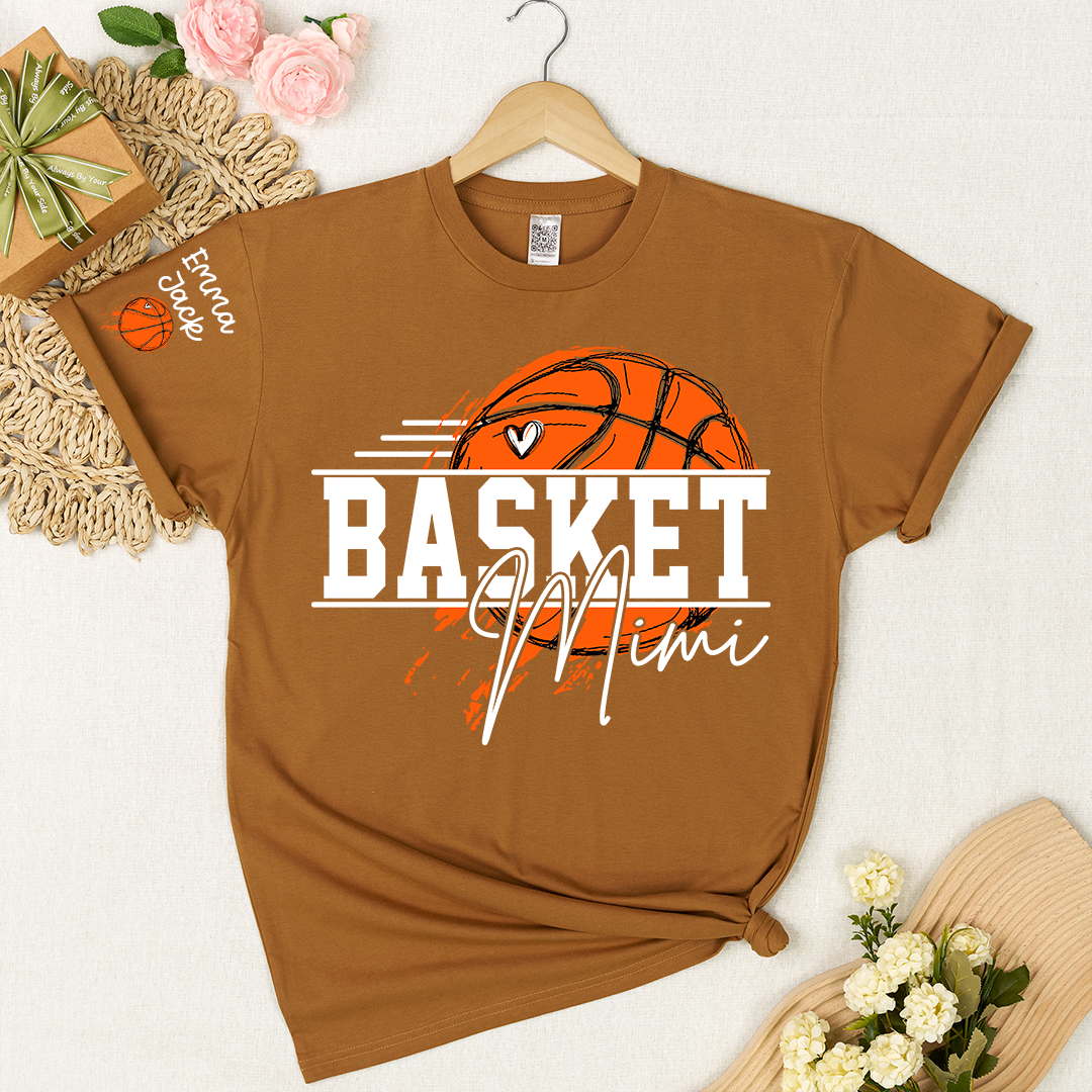 Basketball Mimi Shirt, Custom Grandkids Names with Basketball Hoop Design Family Tee