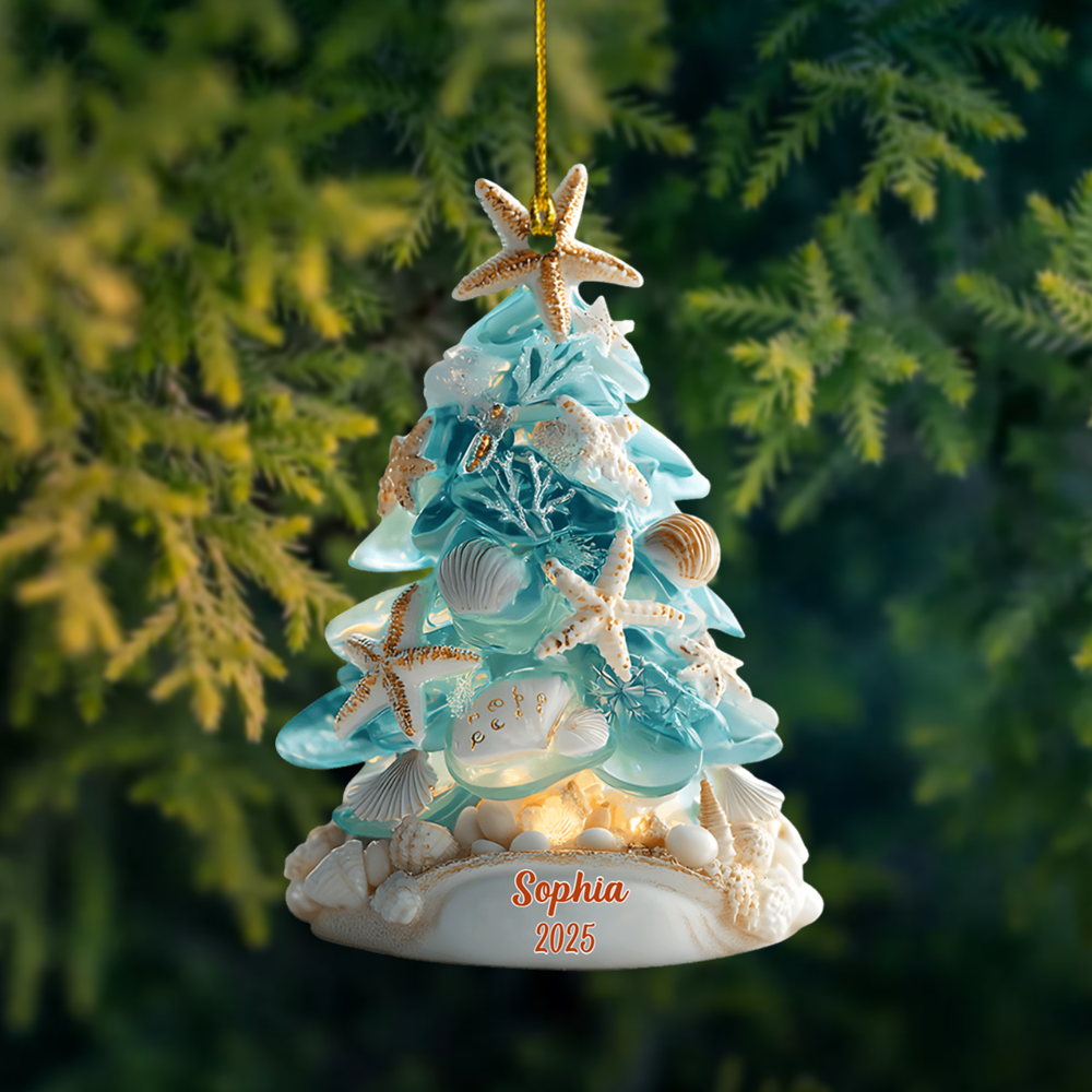 Personalized Beach Christmas Tree Ornament 2025 – Custom Name Coastal Seashell Holiday Decoration Ornament