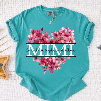 Comfort Personalized Mimi Shirt with Grandkids Names, Pink Floral Heart Family T Shirt