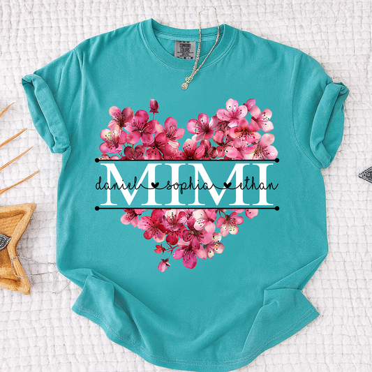 Comfort Personalized Mimi Shirt with Grandkids Names, Pink Floral Heart Family T Shirt