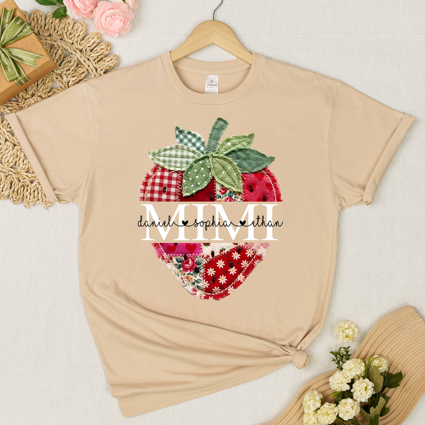 Personalized Mimi Shirt with Kids Names, Vintage Strawberry Patchwork Design Tee, Cute Grandma Gift for Summer