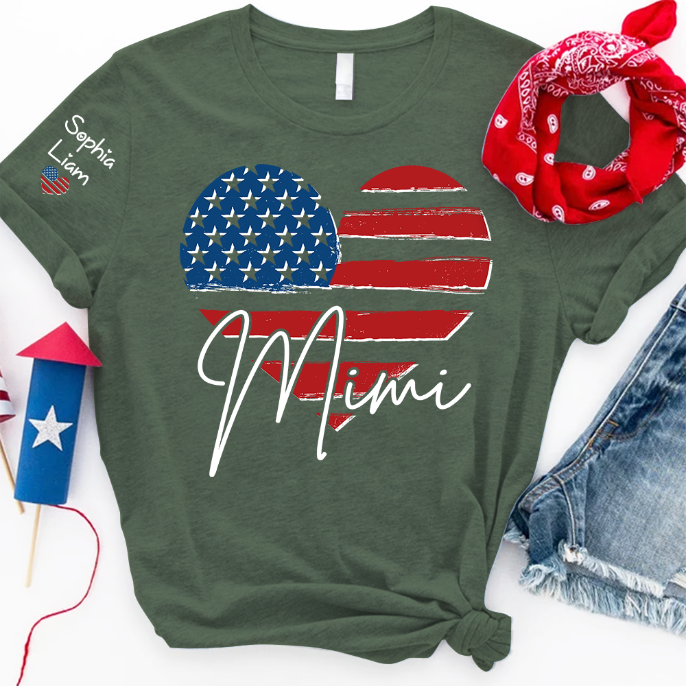 Personalized Mimi Shirt, American Flag Heart Design, Custom Name, Patriotic Fourth of July T Shirt, Independence Day Outfit