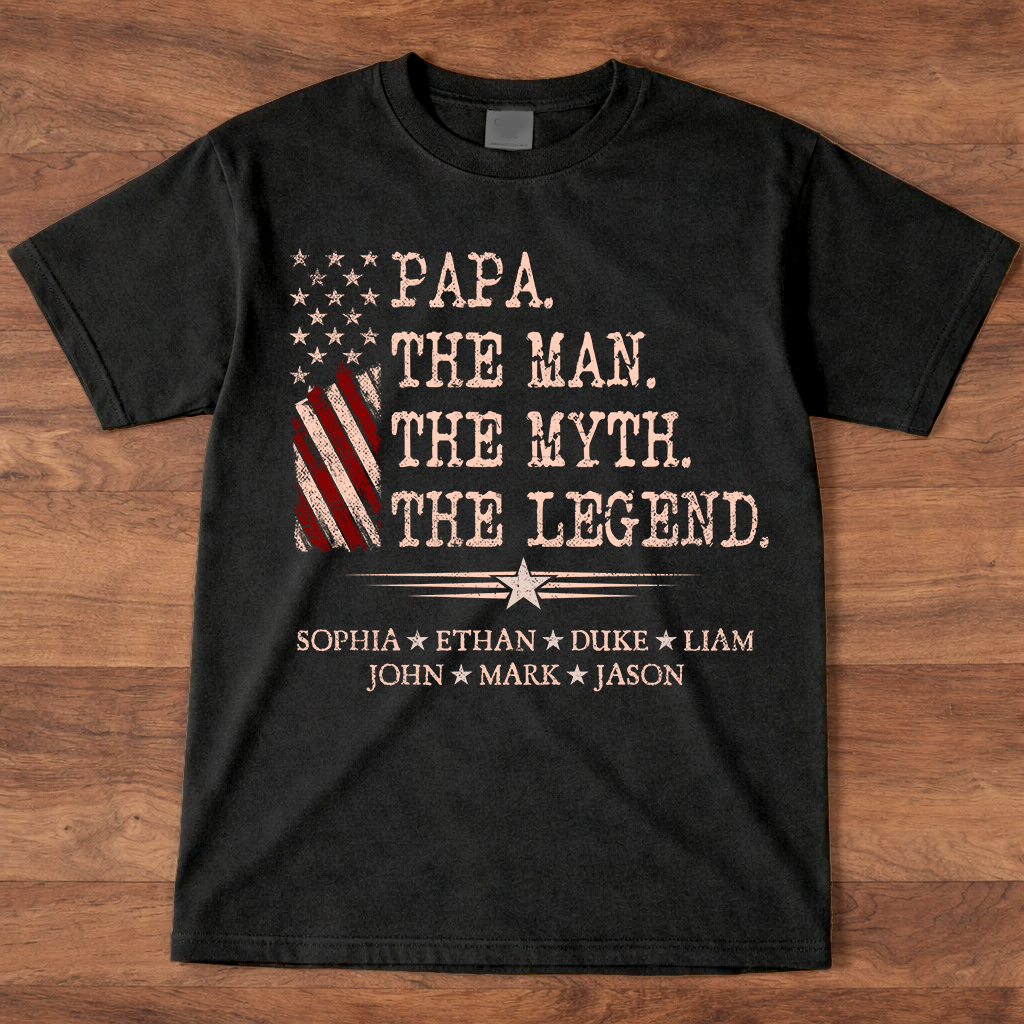 Papa The Man The Myth The Legend Shirt, Personalized Papa T-Shirt with Kids Names Patriotic American Flag Design
