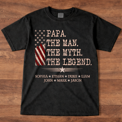 Papa The Man The Myth The Legend Shirt, Personalized Papa T-Shirt with Kids Names Patriotic American Flag Design