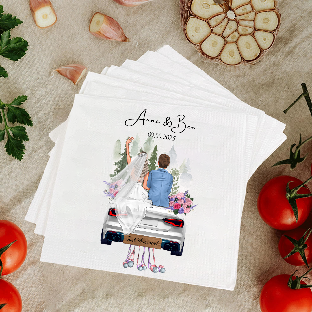 Personalized Wedding Napkins – Bride & Groom Car Design, Custom Names & Date Napkinds