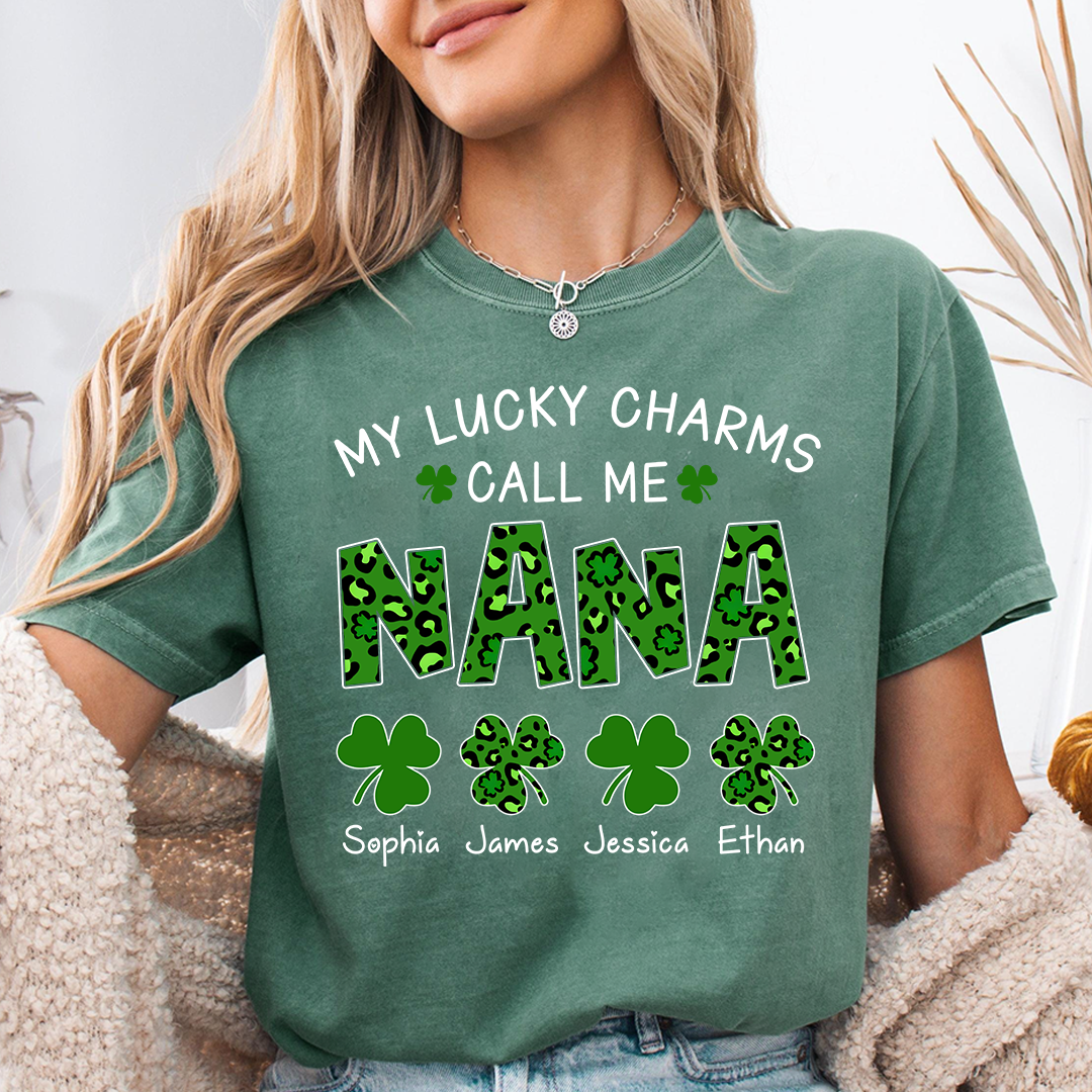 My Lucky Charms Call Me Nana Personalized Shirt, Custom Grandma Name Shirt With Kids Names, St Patrick’s Day Irish Theme Gift