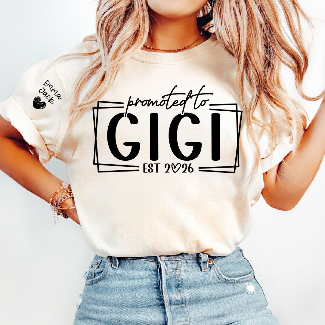 Promoted To Gigi Est 2026 Shirt, Personalized Grandkids Names Sleeve Tee, New Gigi Gift, First Time Grandma Announcement Shirt