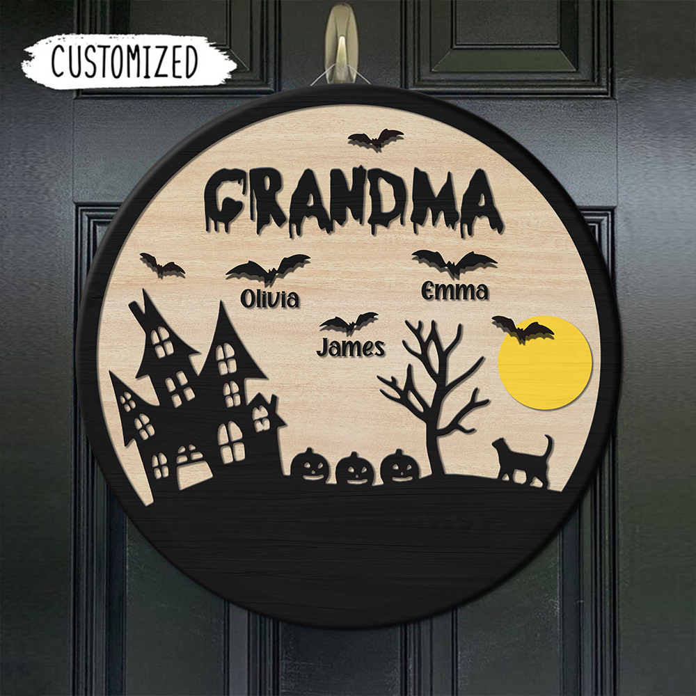 Personalized Grandma Halloween Door Sign, Halloween Decoration, Round Wood Sign TH