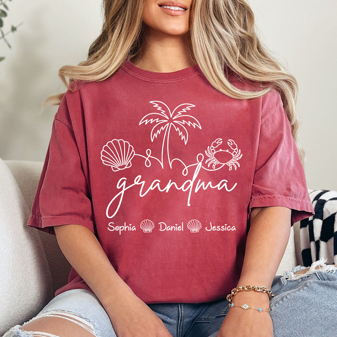 Personalized Grandma Beach Shirt with Grandkids Names, Coastal Palm Tree and Seashell Tee, Custom Summer Family Gift for Grandma
