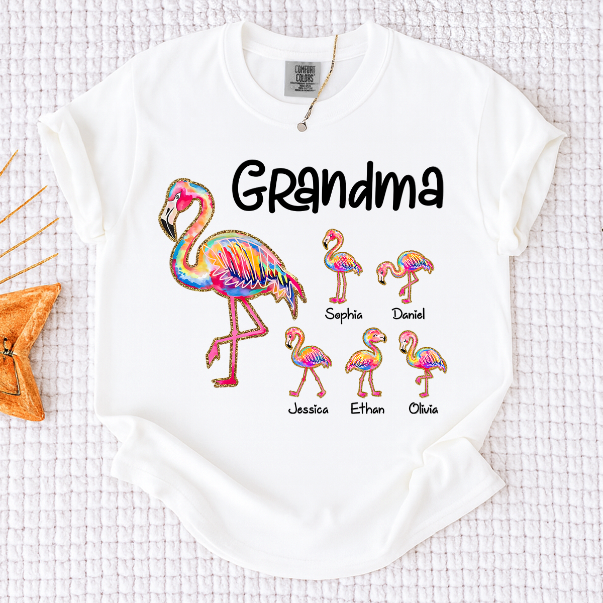 Comfort Colors Custom Grandma Flamingo Tee with Kids Names, Personalized Tropical Bird Shirt for Women, Summer Vacation Family Gift
