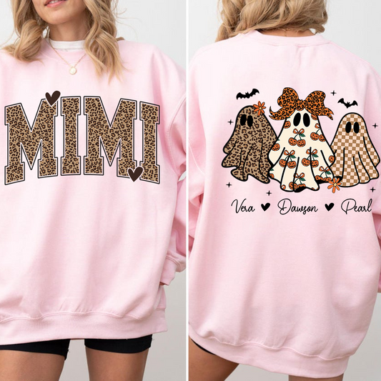Personalized Mimi Leopard Print Halloween Sweatshirt, Gift for Grandma And Kids