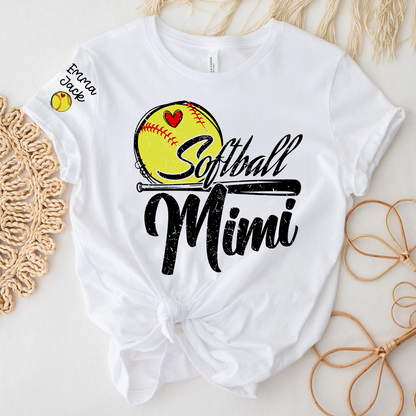Personalized Mimi Softball Shirt, Heart and Bat Design with Custom Grandkids Names