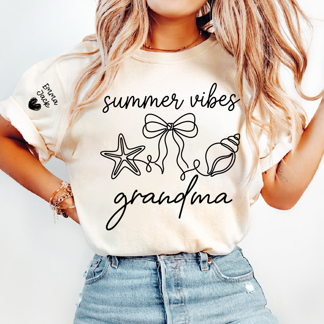 Summer Vibes Grandma Shirt, Cute Beach Grandma T Shirt, Seashell Starfish Bow Graphic Tee for Women, Coastal Grandma Gift