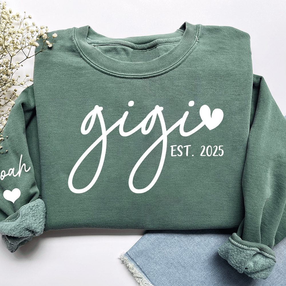Personalized Gigi Sweatshirt, Custom Printed Name and Grandkids’ Names on Sleeve with Heart