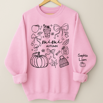 Custom Mimi Autumn Sweatshirt with Grandchildren Names, Personalized Fall Pumpkin Cozy Season Shirt, Grandma Gift