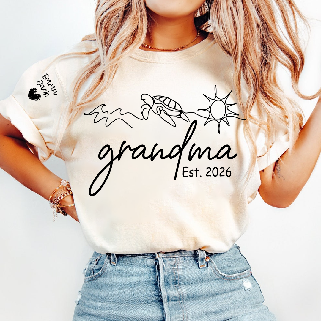 Personalized Grandma Nature Shirt, Sea Turtle Botanical Graphic Tee, Custom Sleeve Names T Shirt, Ocean Lover Gift for Grandma
