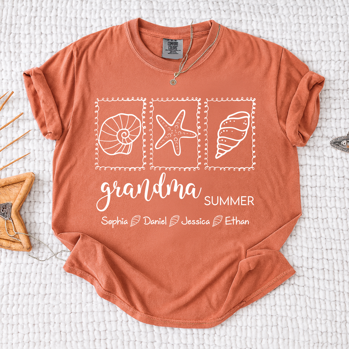 Comfort Colors Personalized Grandma Summer Shirt, Custom Grandkids Names Beach T-Shirt, Seashell Starfish Ocean Vacation Gift for Grandma