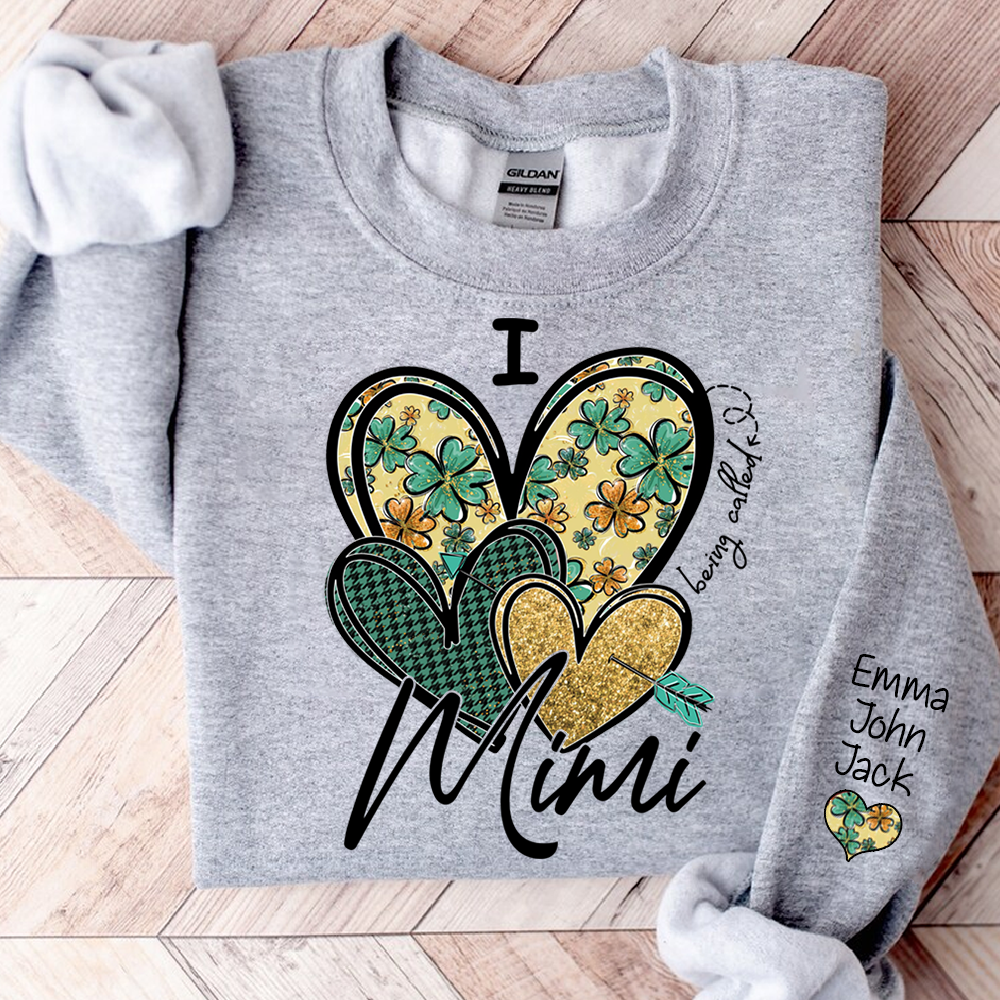 I Love to Be Called Mimi Heart Design Sweatshirt For St. Patrick's Day, Personalized Clover Design Sweatshirt for Grandma with Grandchildren's Names