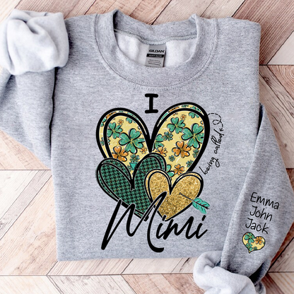 I Love to Be Called Mimi Heart Design Sweatshirt For St. Patrick's Day, Personalized Clover Design Sweatshirt for Grandma with Grandchildren's Names
