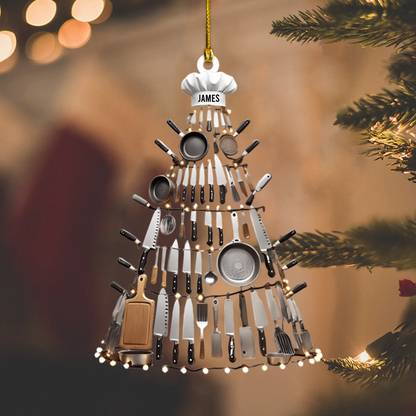 Personalized Chef Ornament 2025 – Custom Name Kitchen Utensil Tree Christmas Decoration for Cooks and Food Lovers Ornament