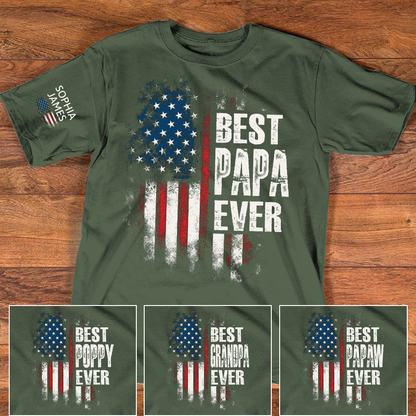 Best Papa Ever Shirt, Personalized Name Papa Tee, American Flag Design, Gift for Dad Grandpa from Kids, Custom Family Shirt