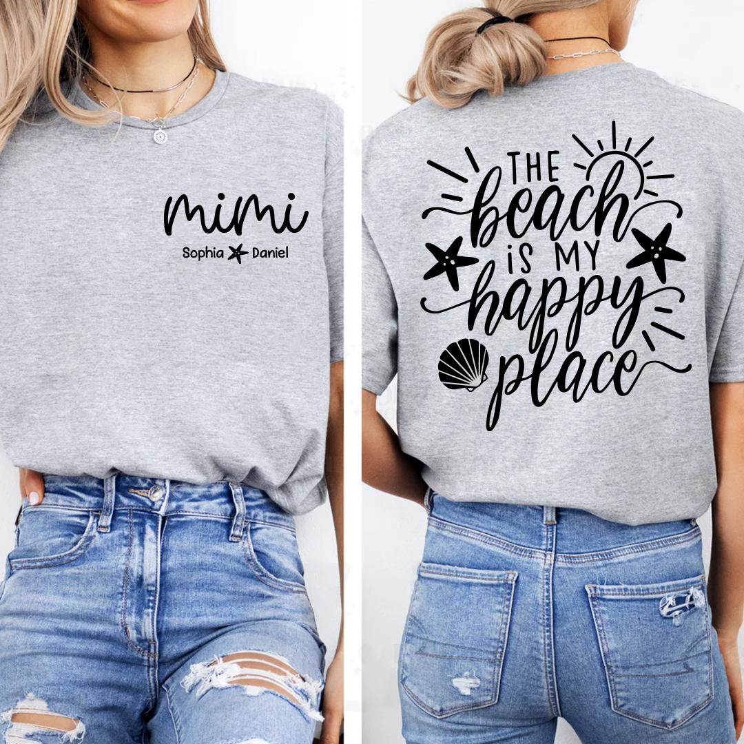Personalized Mimi The Beach Is My Happy Place Shirt, Custom Grandkids Names T-Shirt, Beach Lover Grandma Gift, Summer Vacation Tee