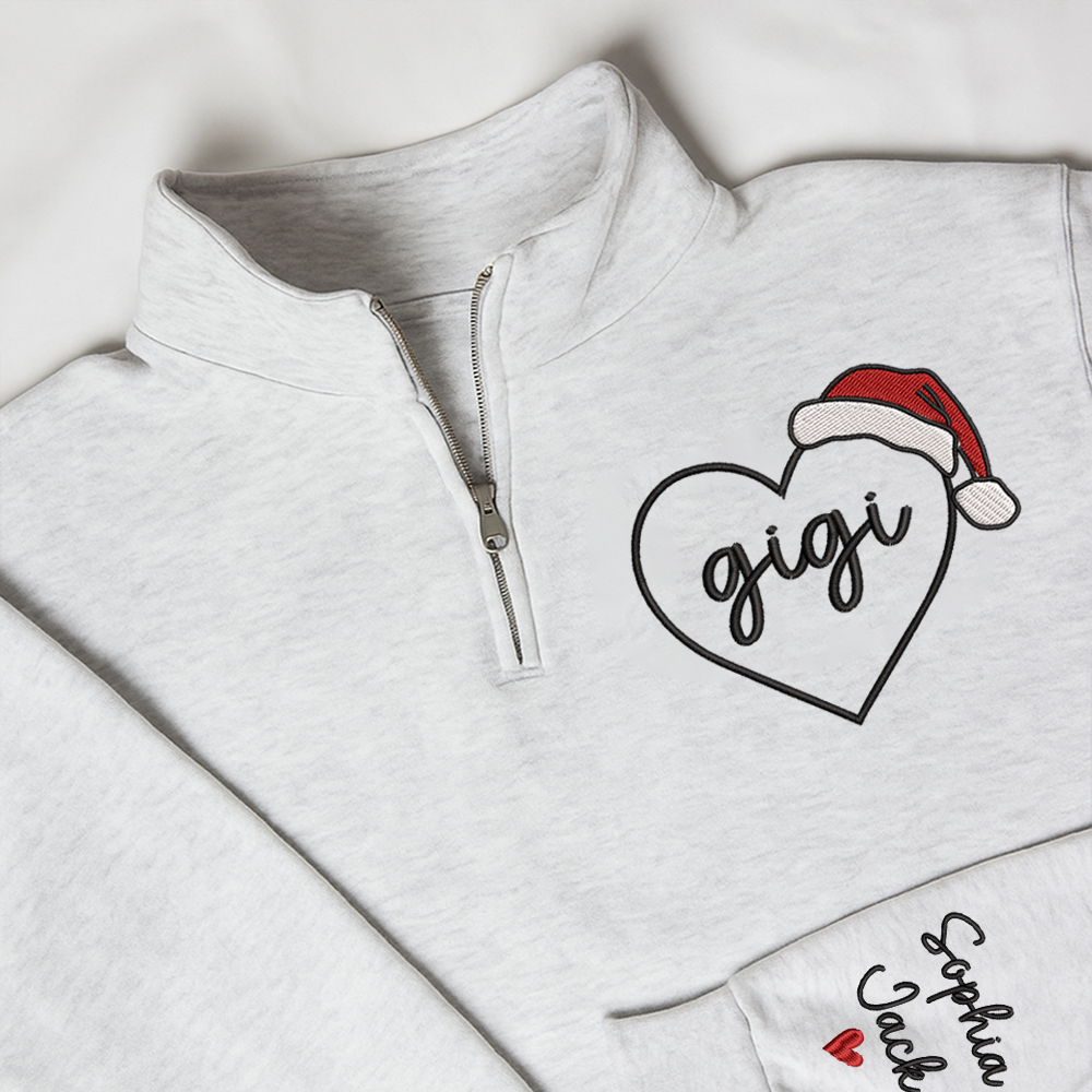 Custom Gigi Heart Zip Sweatshirt With Santa Hat – Personalized Christmas Gift For Grandma Or Gigi