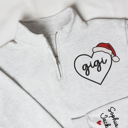 Custom Gigi Heart Zip Sweatshirt With Santa Hat – Personalized Christmas Gift For Grandma Or Gigi