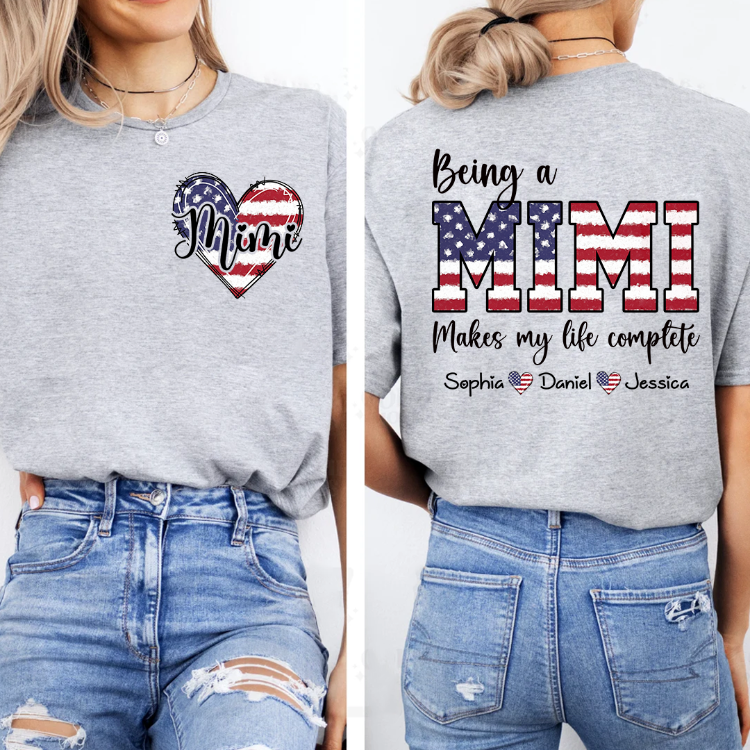 Mimi American Flag Heart Shirt, Personalized Grandma T-Shirt with Children’s Names, Gift for Mom or Nana