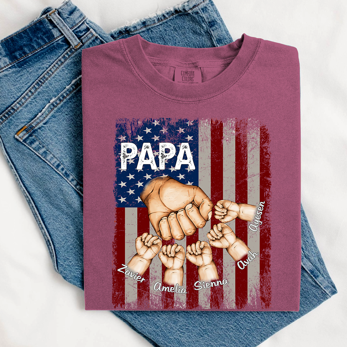 Comfort Colors® Custom Papa And Kids Fist Bump American Flag T-Shirt