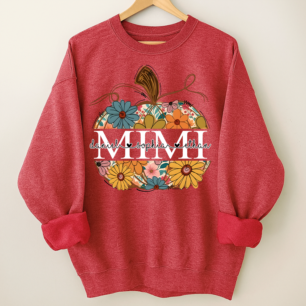Custom Mimi Pumpkin Sweatshirt with Grandchildren Names, Personalized Floral Fall Shirt, Grandma Thanksgiving Gift