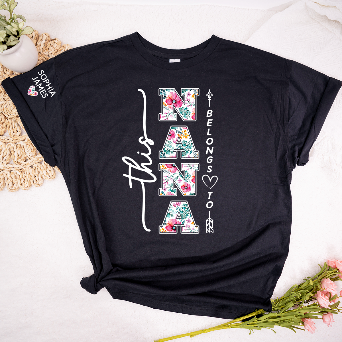 Custom This Nana Belongs To T-Shirt, Floral Nana Shirt with Grandchildren Names, Family Gift Idea