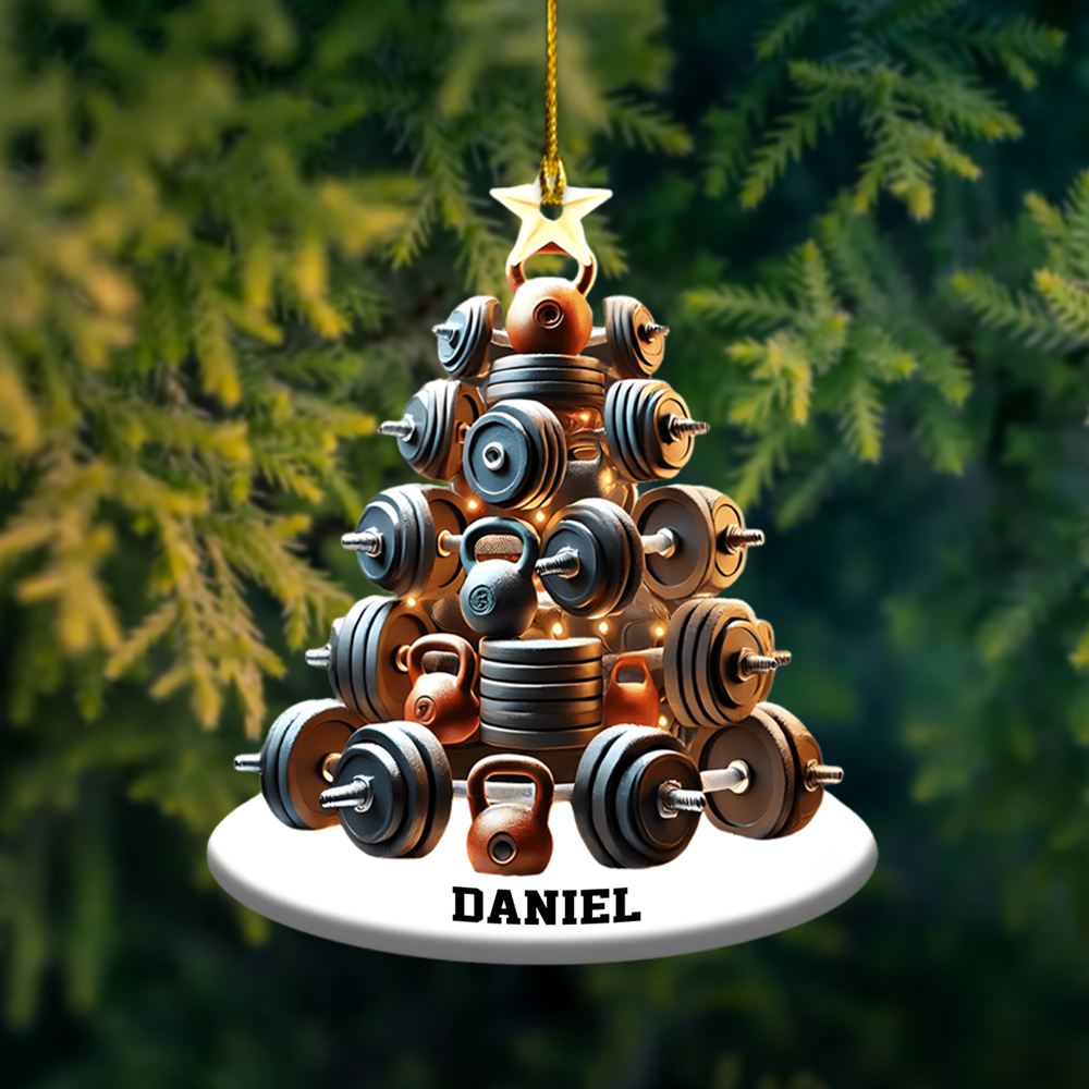 Personalized Gym Ornament 2025 – Custom Name Dumbbell Christmas Tree Ornament, Gift for Fitness Lovers Ornament