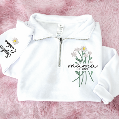 Custom Embroidered Mama Sweatshirt – Quarter Zip Floral Pullover for Mom